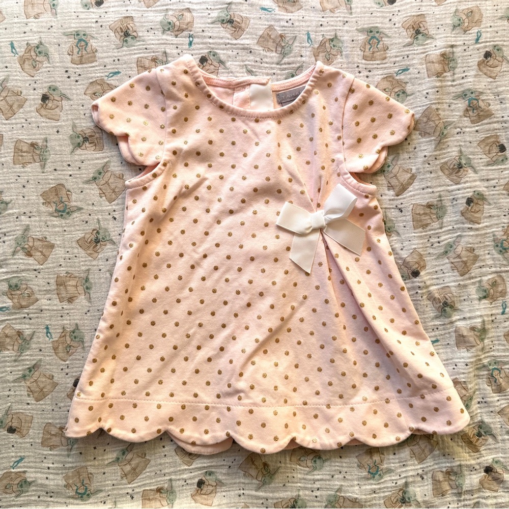 Tahari | Pink Polka Dot Tunic Top with Gold Dots and Bow